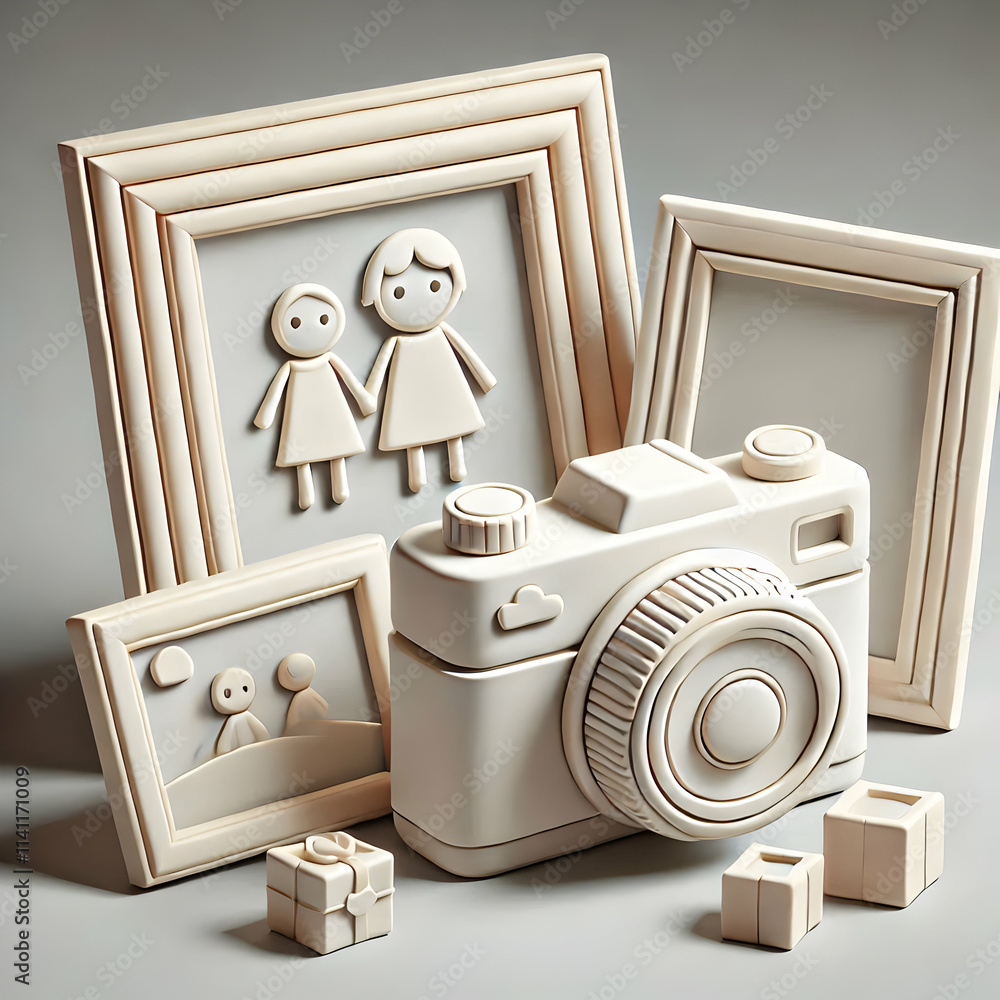 Aufkleber 3d plain background featuring a digital camera and family picture frames ample copy space. concept a