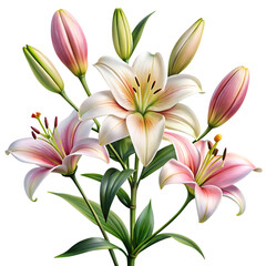 Fototapeta premium Elegant blooming lilies with buds, cut out isolated on white background as transparent. PNG