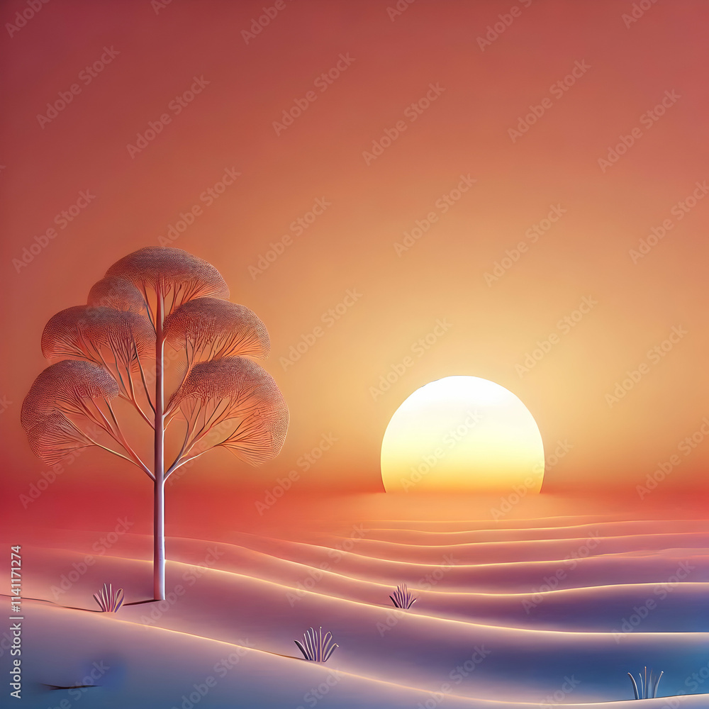 Poster 3d plain gradient sunset background with a single silhouetted tree symbolizing realization and epiph