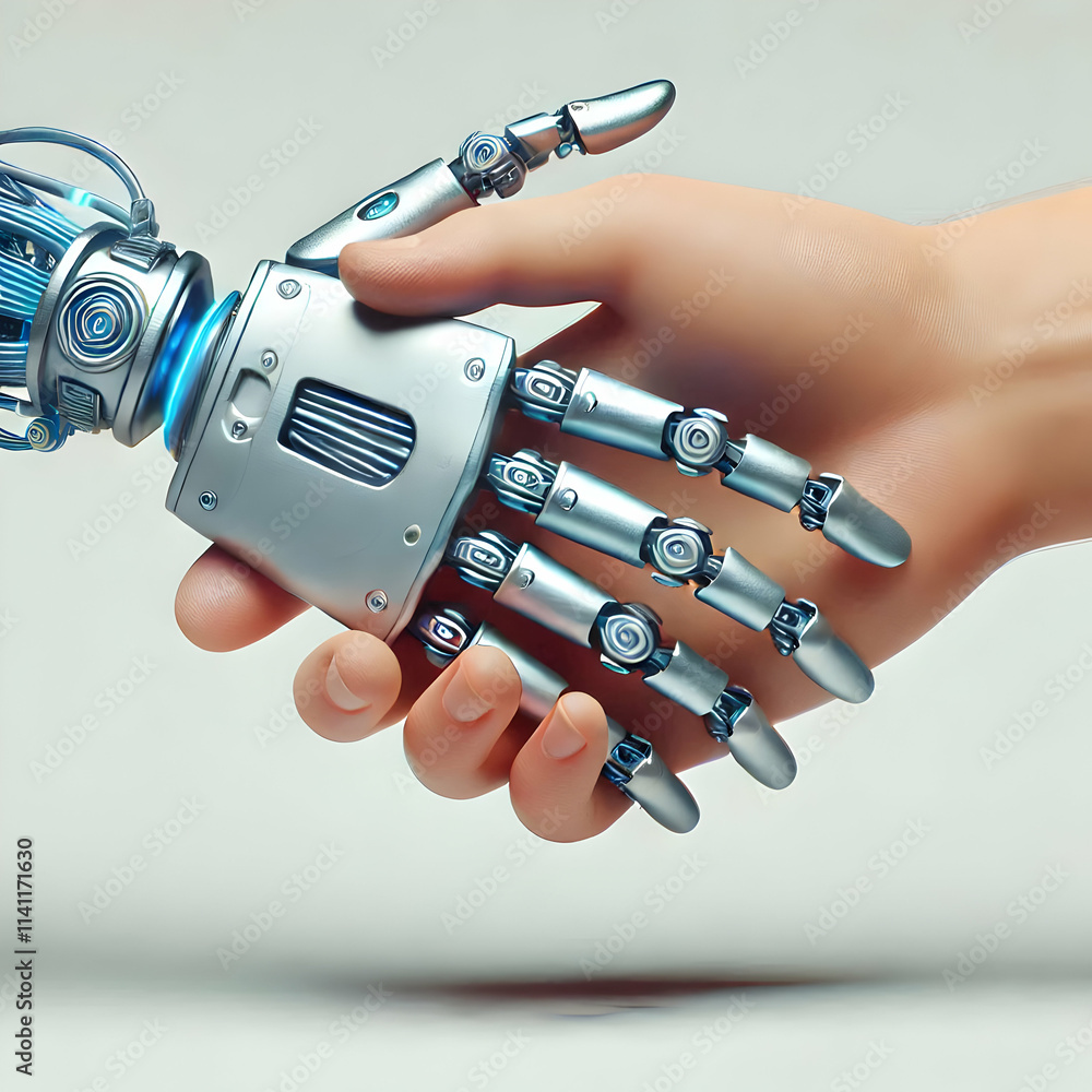 Poster 3d close up of robotic prosthetic hand shaking human hand concept as a macro image showing a robotic