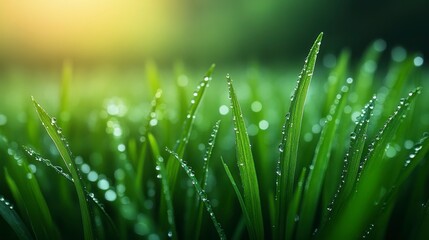 Obraz premium Nature background featuring fresh green grass with glistening dew drops in close-up, evoking a calm and refreshing atmosphere perfect for nature stock visuals.