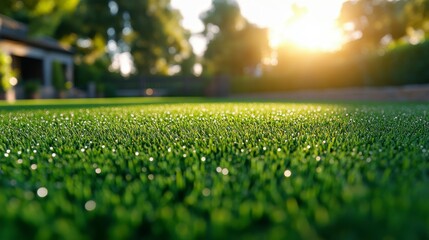 Naklejka premium Close-up of vibrant green grass with dew drops reflecting morning light, creating a fresh and natural background ideal for environmental and nature stock imagery.