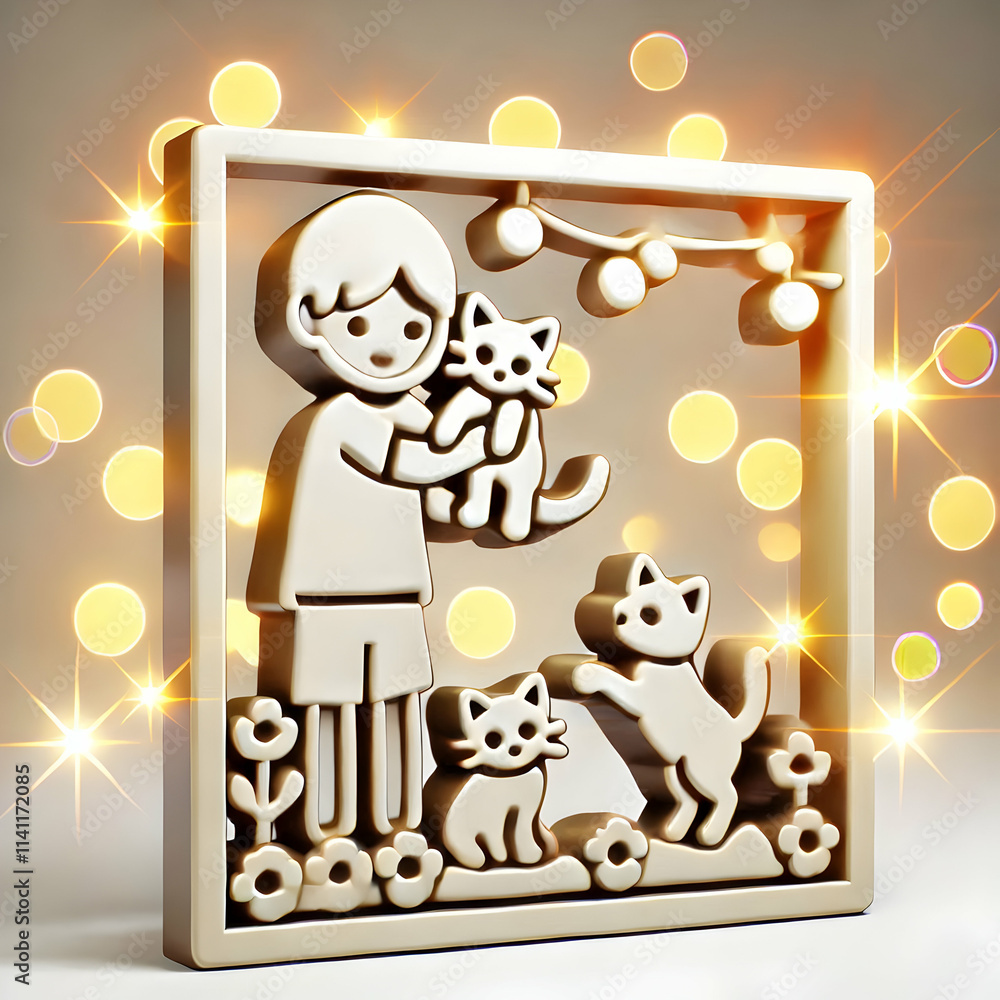 Poster 3d bokeh lights framing a person playing with kittens concept as a softly focused image shows a pers
