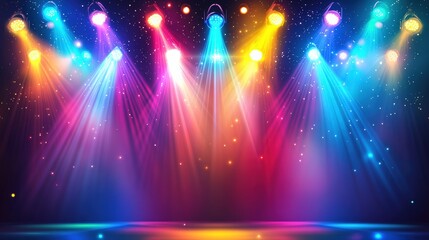 Dynamic stage lighting display concert venue visual art colorful atmosphere front view entertainment concept