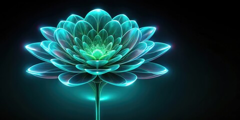 Abstract render of surreal alien flower in organic forms with glowing azure green gradient on black background, surreal, alien