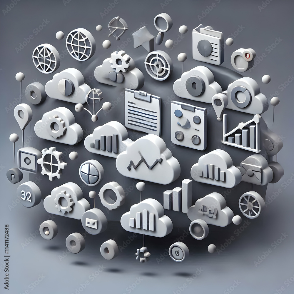 Poster 3d plain dark gray background with data analytics icons arranged in a cluster concept as plain dark 