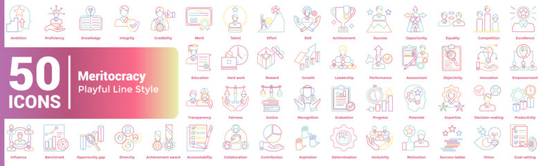 Meritocracy 50 icon set in playful line style