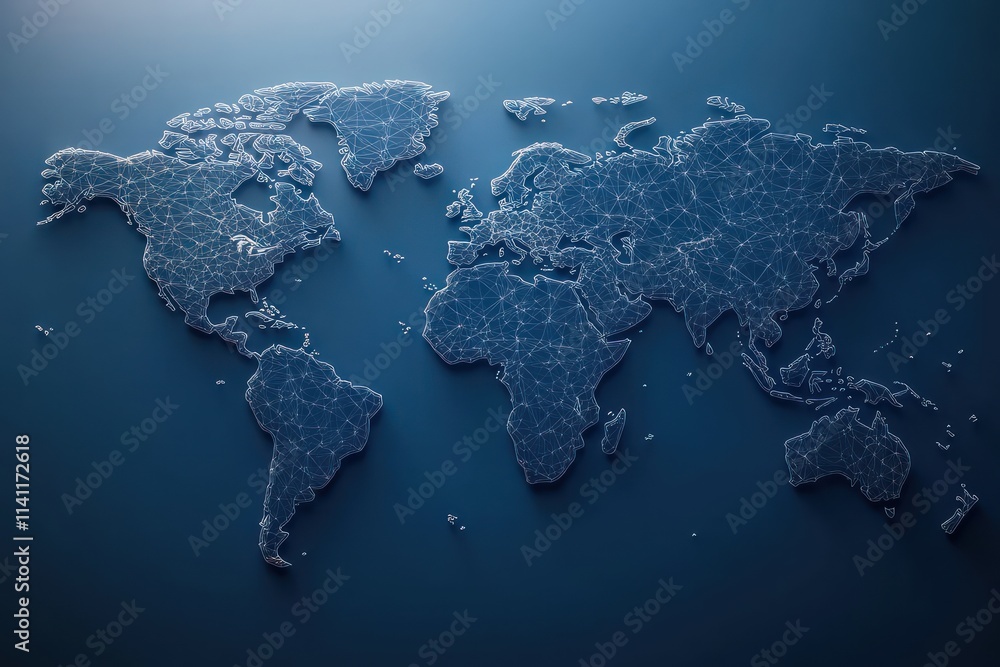 Poster minimalistic world map sketch on deep blue background digital art rendering 3d illustration