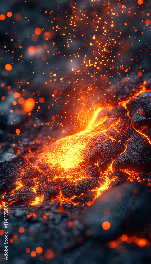 Poster lava flow with glowing embers and sparks creating fiery scene