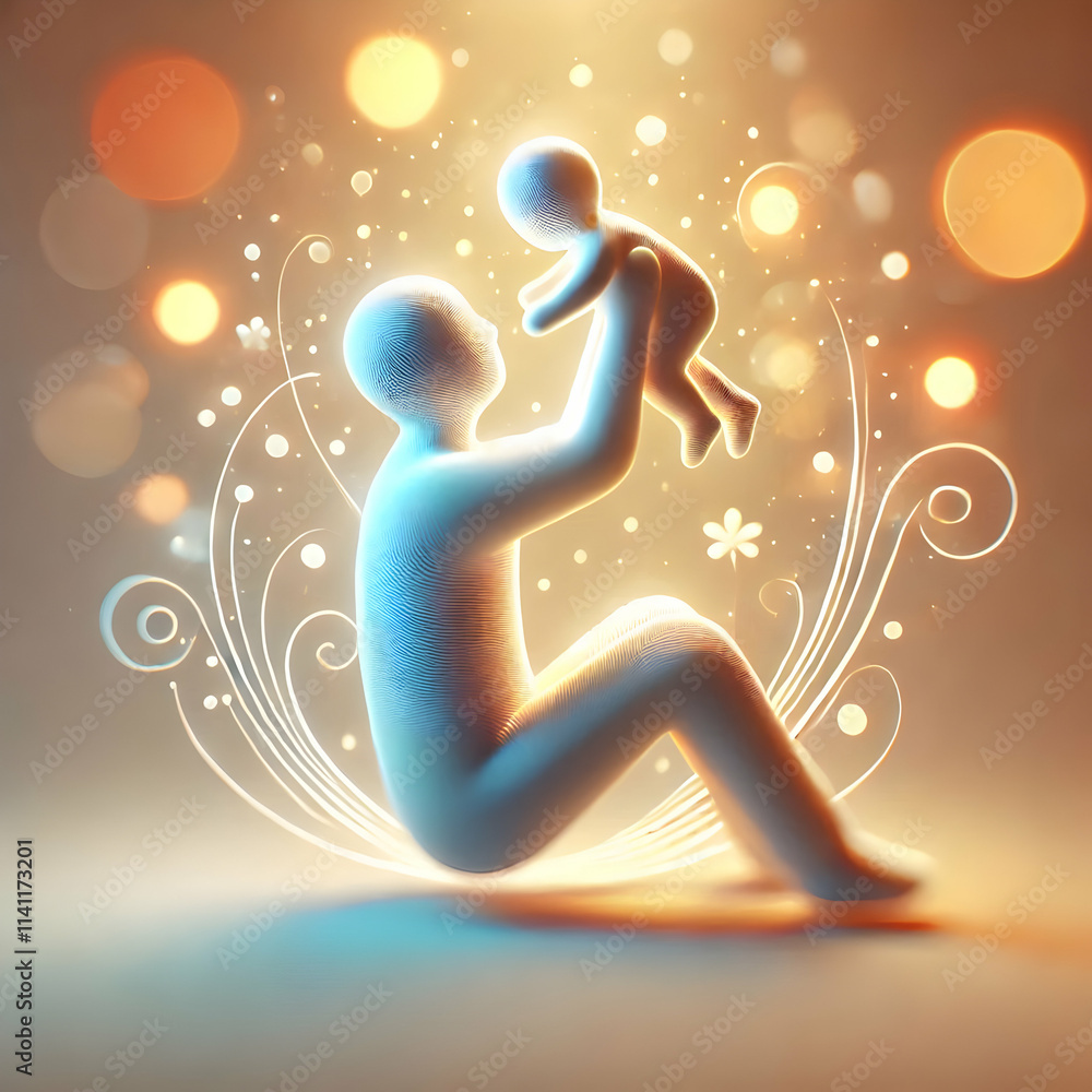 Poster 3d soft abstract of a father lifting his child into the air with a glowing background concept as a s