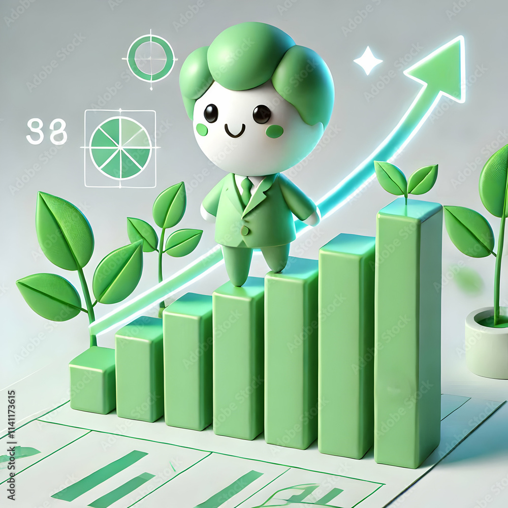 Poster 3d financial chart with green upward trend and leaf icons and copy space concept as a soft abstract 