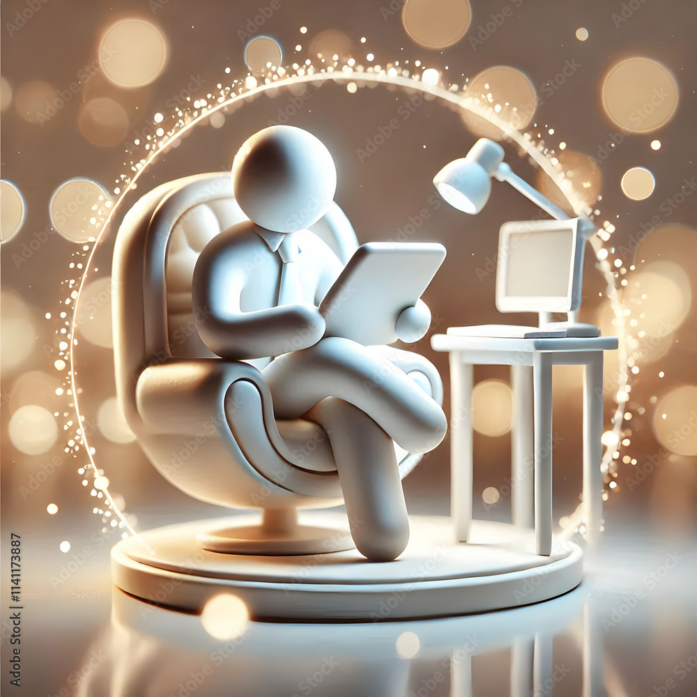 Poster 3d soft abstract digital art of a person working remotely from a comfortable chair with a tablet sur