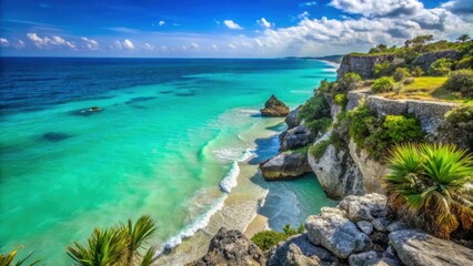 Fototapeta premium View of the breathtaking turquoise ocean waters from the scenic cliffs of Tulum, Mexico, tulum, mexico, ocean, turquoise, water