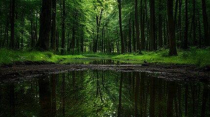 Serene forest pool reflecting lush green trees.