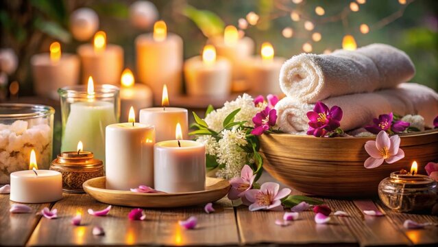 Luxurious spa treatment with candles, flowers, and bath products, luxury, relaxation, pampering, self-care, indulgence