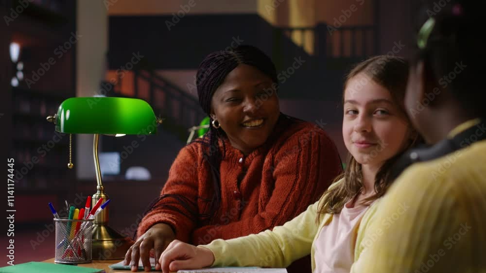 Poster elementary school pupils working with a professor practicing mathematics and developing their academ