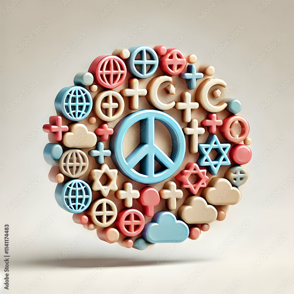 Aufkleber 3d glossy interfaith symbols overlay concept as glossy overlay of interfaith symbols on a plain back