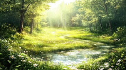 Obraz premium Serene Nature Scene with Sunlight Filtering Through Lush Trees