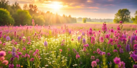 Obraz premium Summer flower meadow with pink wildflowers and lilac bushes under morning sunlight , wildflowers, meadow, pink