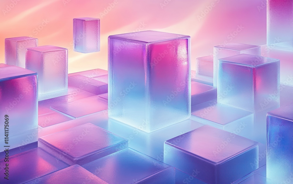 Poster abstract futuristic scene with translucent cubes and gradient background