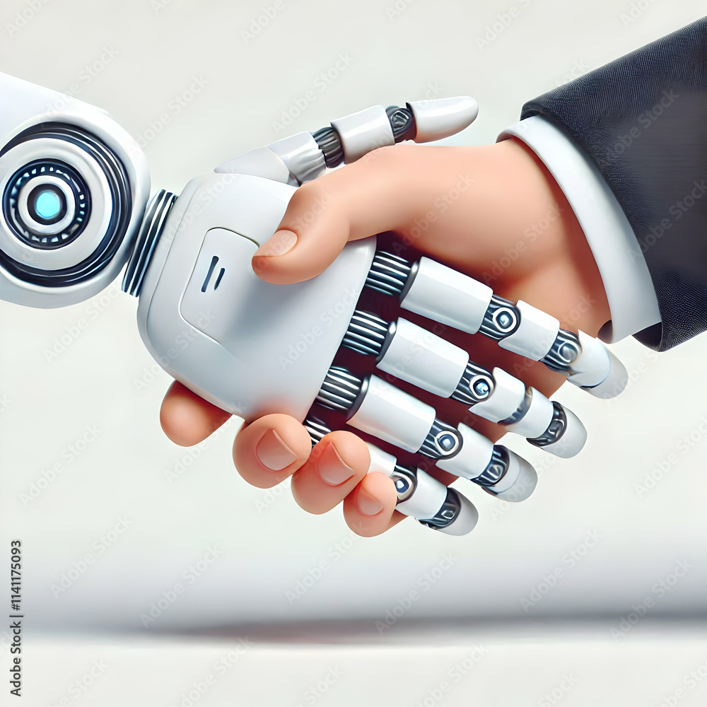 Poster 3d close up of a robotic hand shaking a human hand with copy space concept as a macro shot captures 