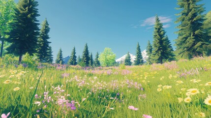 Fototapeta premium Serene Meadow with Wildflowers and Evergreen Trees under Clear Sky