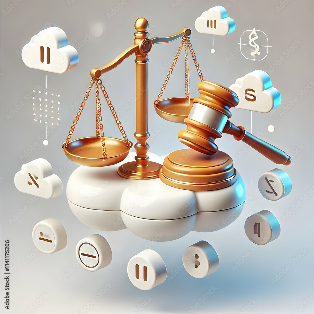 Poster 3d floating scale and gavel symbolizing compliance and justice concept as a vector image featuring s