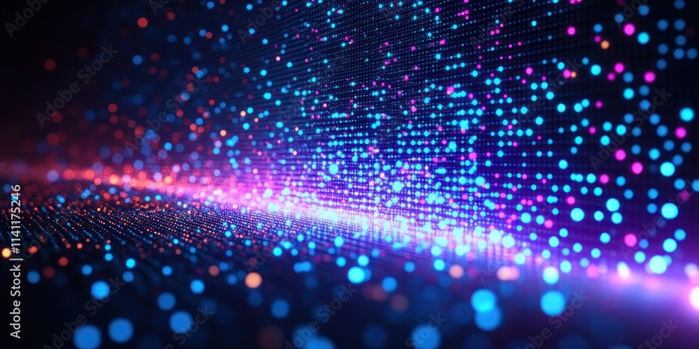 Poster digital abstract background with glowing blue and purple dots illuminated in a grid pattern