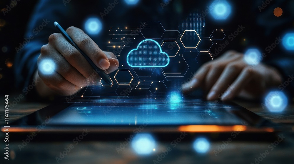 Poster digital workspace cloud technology businessman using tablet with stylus and floating icons for data 