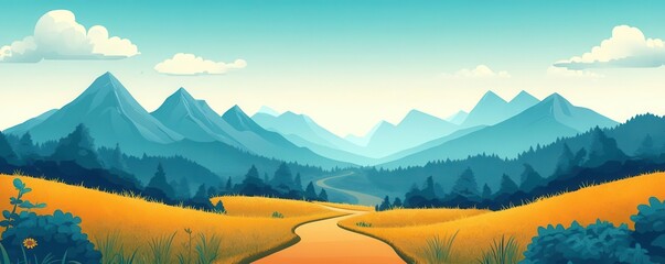 Cartoon-style flat mountain trail scene, triadic color scheme, playful and bright for youth-focused outdoor content, cartoon mountains, playful design