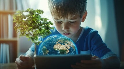 Boy doing online learning,Geography with Double exposure growth futuristic young green tree on globe map