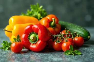 Fresh colorful vegetables: peppers, tomatoes, cucumber, and herbs on a rustic table
