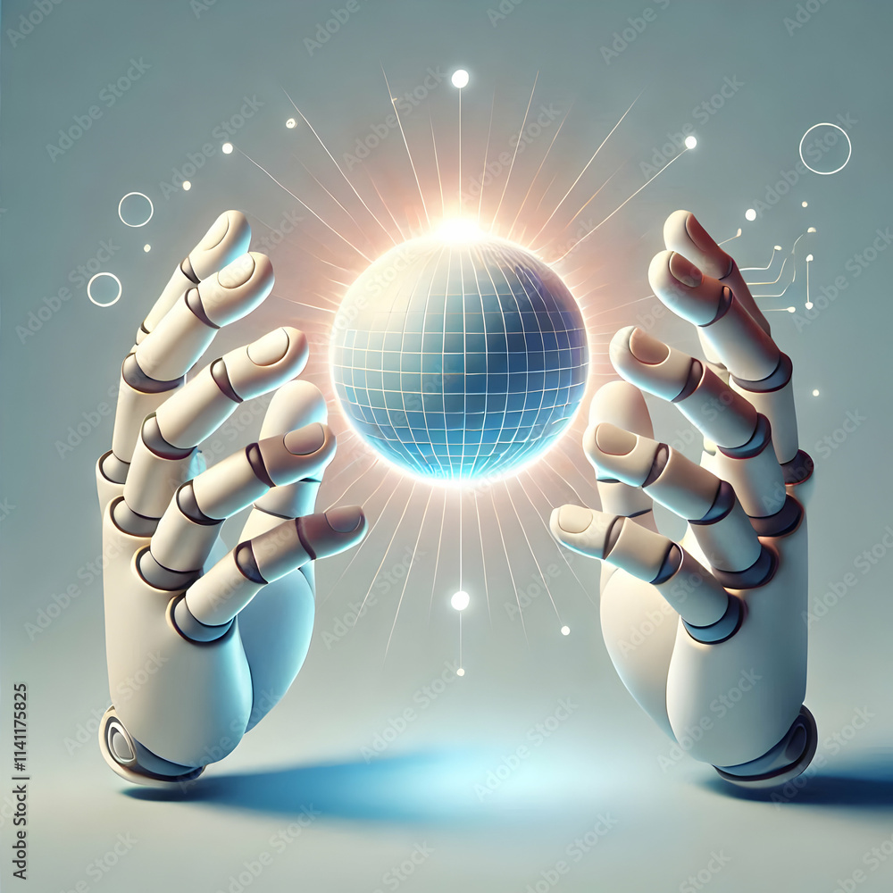 Aufkleber 3d abstract hands reaching towards a glowing digital sphere on a gradient background concept as two 