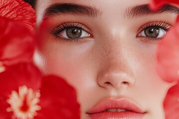 A woman with brown eyes and a red flower behind her face