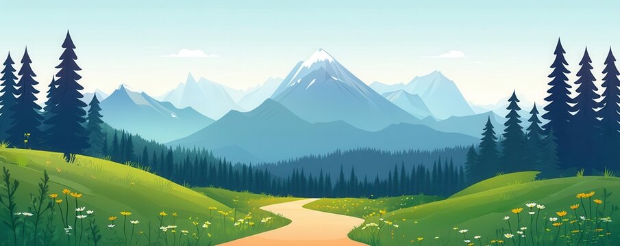 Flat design mountain trail with trees, dynamic triadic color palette, animated and modern for fitness or travel apps, fitness, flat nature