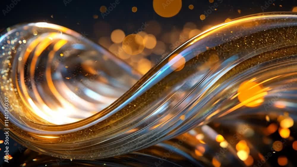 Poster swirling glass ribbon with luminous particles creating a mesmerizing effect in a dark setting