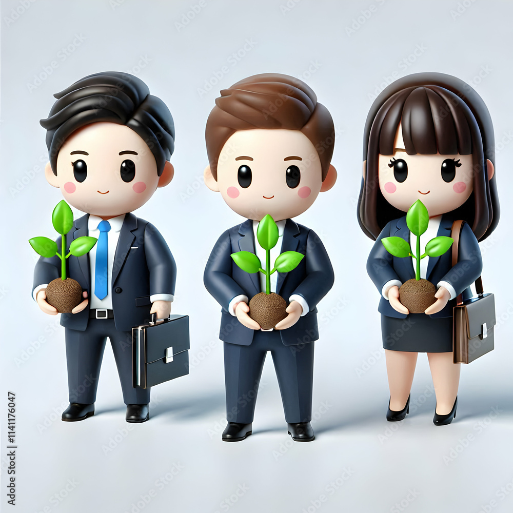 Poster 3d business people holding saplings with bokeh lights behind concept as business professionals hold 
