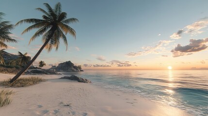 Serene Tropical Beach at Sunset with Palm Trees and Calm Waters