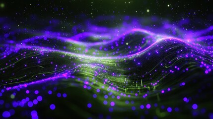 Obraz premium An abstract visualization of a decentralized blockchain network with glowing nodes connected by bright lines. The background features a digital grid, symbolizing data flow, security, and transparency 