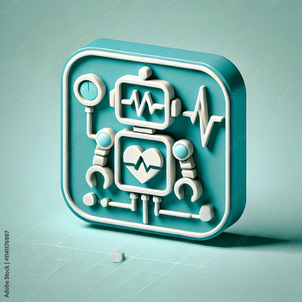 Poster 3d plain teal background with robotic heart rate monitor icon concept as a plain teal background fea