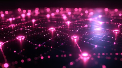 Obraz premium An abstract visualization of a decentralized blockchain network with glowing nodes connected by bright lines. The background features a digital grid, symbolizing data flow, security, and transparency 