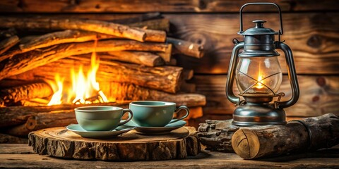 Antique oil lamp and tea cups on firewood background , antique, oil lamp, cups, hot tea, firewood, rustic, vintage