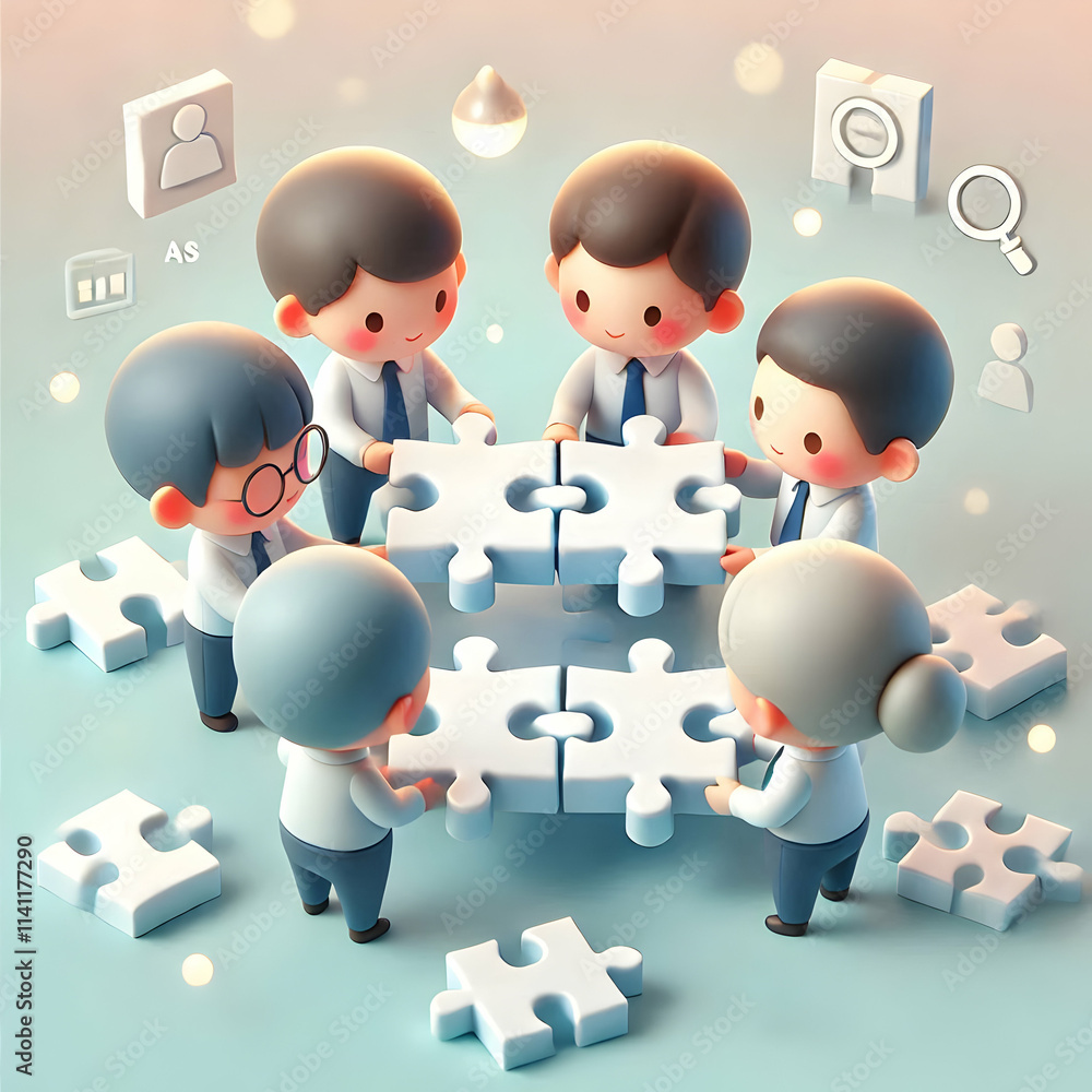 Poster 3d business team solving a jigsaw puzzle with soft abstract background copy space above. concept as 