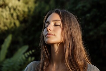 Naklejka premium A woman with long brown hair is sitting in the sun