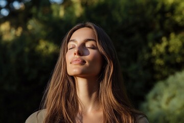 Fototapeta premium A woman with long brown hair is sitting in the sun