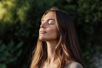 Naklejka premium A woman with long brown hair is sitting in the sun