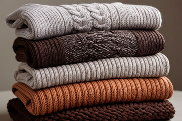 Stack of cozy, knitted sweaters in neutral tones.