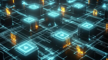Obraz premium An abstract visualization of a decentralized blockchain network with glowing nodes connected by bright lines. The background features a digital grid, symbolizing data flow, security, and transparency 