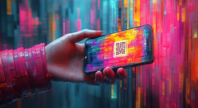 Smartphone Hand Displaying QR Code Scanner App on Turquoise Background with Geometric Shapes and Modern Design