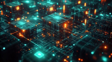 An abstract visualization of a decentralized blockchain network with glowing nodes connected by bright lines. The background features a digital grid, symbolizing data flow, security, and transparency 